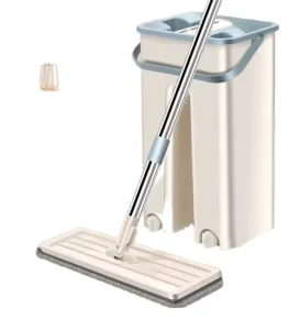 Home Cleaning Set with Mop Bucket Flat Floor Head Washable Microfiber Pads and Steel Pole