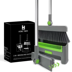 HomeTimes 3 in 1 Removable Broom and Dustpan Set with Handle & Floor Brush 180° Rotating Stainless Steel Handle Space Saving
