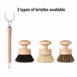 Horsehair Replaceable Head Pot Brush Long Wooden Handle Detachable Design Natural Sisal Coconut Palm Soft Bristles for Dishes