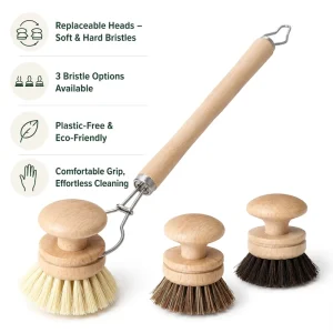 Horsehair Replaceable Pot Brush Long Detachable Wooden Handle Natural Sisal Soft Bristles Coconut Palm Cleaning Brush