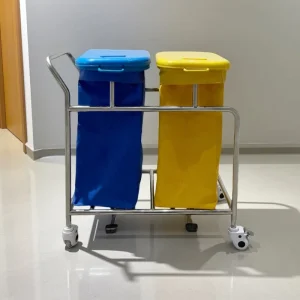 Hospital Double Pocket Dirt Bucket Cart with Cover Clinic Carry Dressing Dirt Cart Cleaning Trolley