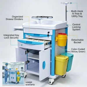 Hospital Emergency Crash Cart Medical Trolley with IV Pole Drawers and Waste Bins for ICU Clinic