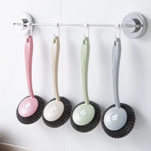 Hot Selling Long Handle Stainless Steel Scrub Brush Kitchen Pot Dish Cleaner Grease Removal Household Cleaning Tool