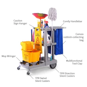 Hotel Cleaning Products Black Janitorial 3 Shelf Cart Wheeled Zippered Yellow Vinyl Bag Multi functional Cleaning Service Cart