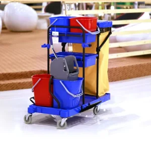 Hotel Hospital Shopping Center Guest Room 4 Wheel 600 lb Capacity PP Material Gray Blue Platform Janitorial Cart Cleaning
