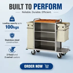 Hotel Housekeeping Cart Stainless Steel Service Trolley with 2 Laundry Bags Removable Top Holder