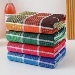 Household Absorbent Cotton Cleaning Cloths Quick Drying Colorful Checkered Cotton Waffle Square Towels for Kitchen Dish