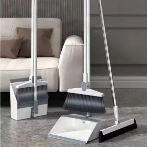 Household Broom and Dustpan Set with Wiper and Non-Stick Hair Brush