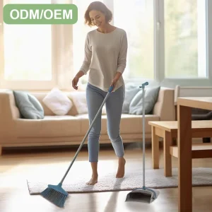 Household Cleaning Dustpan and Broom Set with Long Handle Soft Bristles Aluminum Stick PP Head Portable Design