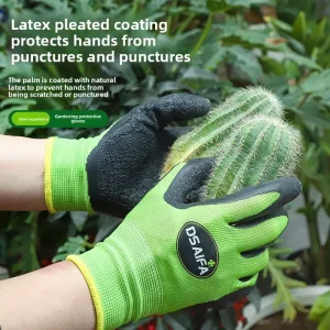 Household Gardening Protective Gloves Latex Material Thorn Prick Puncture Resistant Crinkled Texture Knit Wrist Cuff Non Slip