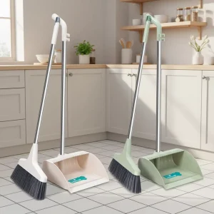Household Hair-Cleaning Broom and Dustpan Set with Stainless Steel Stick and Plastic Components