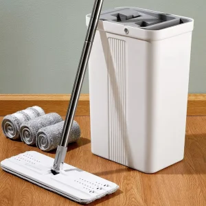 Household Long-Handle Flat Squeeze Mop with Microfiber Head and Bucket