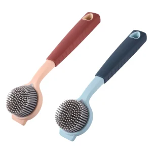 Household Long-Handled PP Soft Plastic Headed Kitchen Cleaning Brush with Silicone Handle Dish Scrubber and Pot Cleaner