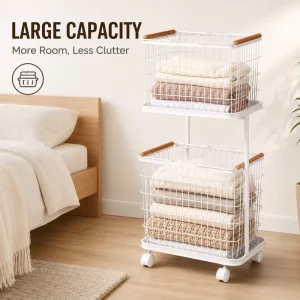 Household Rolling Laundry Storage Cart Detachable Laundry Basket Wrought Iron Dirty Clothes Hamper for Home Bathroom