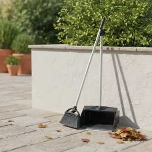 Indoor Outdoor Windproof Broom and Dustpan Set with Steel Handle, Plastic Bristles