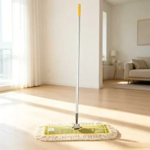 Industrial Dust Mop Natural White Cotton Yarn Yellow Canvas Base Aluminum Handle for Large Area Commercial Floor Cleaning