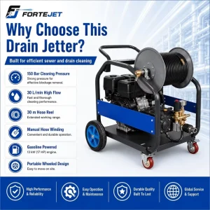 Industrial Gasoline Sewer Jetting Machine 150Bar 30L min Reel Drain Cleaning Equipment Sewer Jetter for Pipe Service