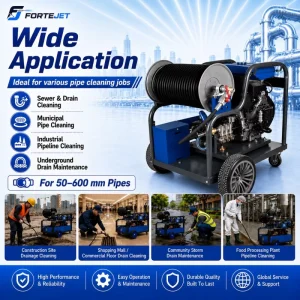 Industrial Gasoline Water Jetter Machine 150Bar 50L min Reel Pipe Cleaner Sewer Jetter for Blocked Drain Pipe