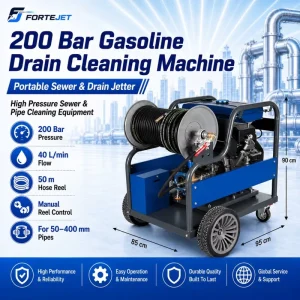 Industrial Gasoline Water Jetter Machine 200 Bar 40 L/min Reel Pipe Cleaner for Blocked Drains