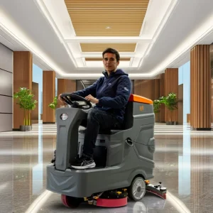 Industrial Ride-On Floor Scrubber for Streets, Warehouses, and Tile Floors