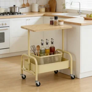 Industrial Style Metal Rolling Cart with Wooden Tabletop Storage Trolley for Living Room Bathroom and Small Space