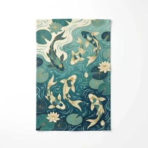 Japanese Koi Pond Lotus Tea Towel 100% Cotton Traditional Fish Print Decorative 40x60cm