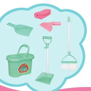 Kids Pretend Play Cleaning Set Plastic Mini Housekeeping Tool Kit Broom Dustpan Squeegee Towel Detergent Wet Floor Sign Portable