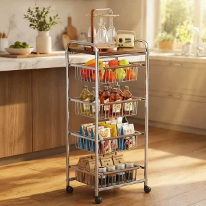 Kitchen Bedroom Living Room Minimalist Metal Chrome Frame Movable Rolling Storage Utility Trolley Cart