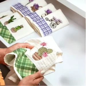 Kitchen Dish Towels with Cactus Embroidered Decorative Succulent Flowers Cute Tea Towels Turkish Cotton Weave Kitchen Towels