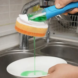 Kitchen Soap Dispensing Dish Brush Scrubber with Leak Proof Reservoir and Dual Sponge Bristle Head for Pot Pan Sink Cleaning