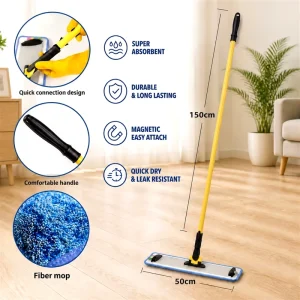 Labor Saving Durable Clamp Lock Flat Mop with Long Steel Handle for Household & Light Industrial Hard Surface Mopping