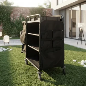 Large Capacity Black Collapsible Janitor Cart Heavy Duty Room Cleaning Trolleys for Hotel Use