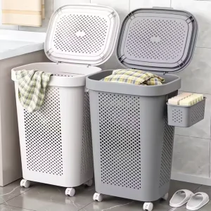 Large Capacity Plastic Dirty Clothes Storage Basket with Lid for Home Bathroom & Laundry