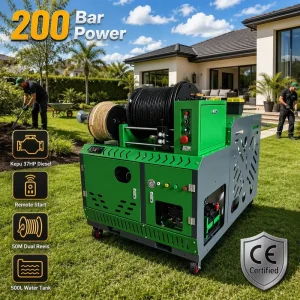Large Heavy-Duty Drain Cleaning Machine 200 m Sewer Jetter Water-Jet Pipe Cleaner for Industrial and Commercial Use