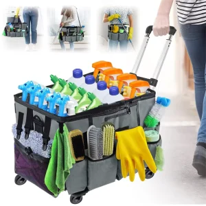 Large Rolling Cleaning Caddy Bag Portable Cleaning Cart with Waterproof Aluminum Foil Lining Cleaning Supplies Organizer