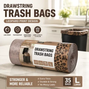 Leopard Print Embossed Heavy Duty Drawstring Garbage Bags Roll Thickened Kitchen Trash Bags Large Capacity