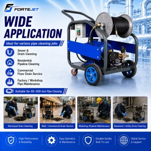Light Duty Electric Sewer Jetting Machine 150 Bar 30 L/min 10 kW High Pressure Drain Cleaning Machine for 2-12 Inch Pipes