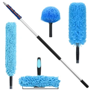 Lightweight Aluminum 24ft 7.3M Extension Window Glass Squeegee Cobweb Duster Cloth Microfiber Telescopic Cleaning Kit High Reach