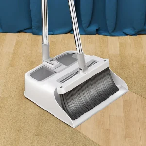 Lightweight Stainless Steel Dustpan and Broom Set with Soft PET Bristles and Upright Stand for Home and Kitchen