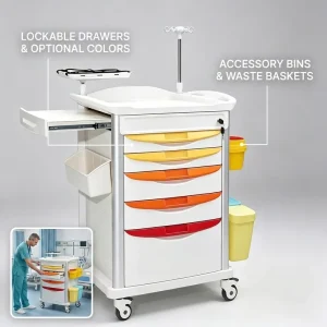 Lockable Veterinary Clinic Treatment Cart with 5 Colored Drawers and IV Pole Accessory Bins for Animal Hospital Procedure Trolley