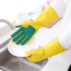 Long-Cuff Latex Reusable Waterproof Household Cleaning Gloves with Textured Fingertips and Scouring Pad