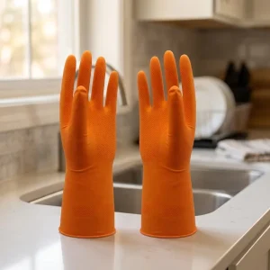 Long-Cuff Waterproof Flock-Lined Rubber Gloves with Diamond Texture for Kitchen and Dishwashing