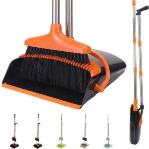 Long Handle Broom Set with Upright Standing Dustpan Home Cleaning Supplies Self Cleaning with Dustpan Teeth Broom and Dustpan