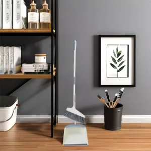 Long Handle Broom and Dustpan Set for Home Cleaning Non sticky Hair Soft Bristle Sweeper with Stainless Steel Pole