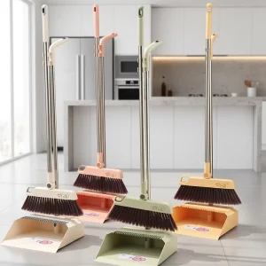Long-Handle Steel Broom Set with PET Head and Dustpan Teeth for Lobby and Home Use