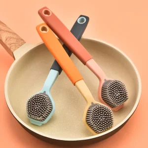 Long-Handled Silicone Kitchen Dish Scrubber and Pot Cleaner with Soft PP Plastic Head