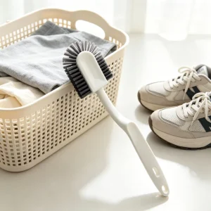 Long Plastic Handle Double-Sided Hard Bristle Scrub Brush with Removable Sponge Head for Window Slots Shoe Cleaning and Laundry