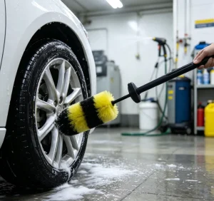 Long-Reach Car Wheel Detailing Brush with Yellow Soft Bristles, Metal Shaft, and Ergonomic Handle