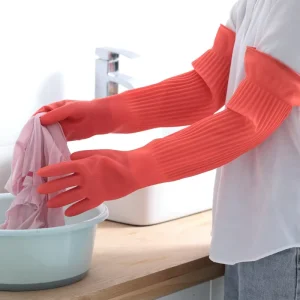 Long-Sleeve Red Rubber Waterproof Household Dishwashing Gloves
