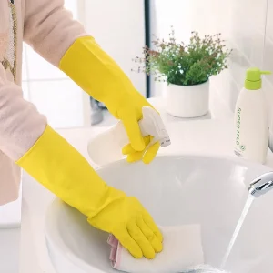 Low MOQ 40g Yellow 30cm Flocklined Household Rubber Latex Gloves for Kitchen Cleaning and Laundry
